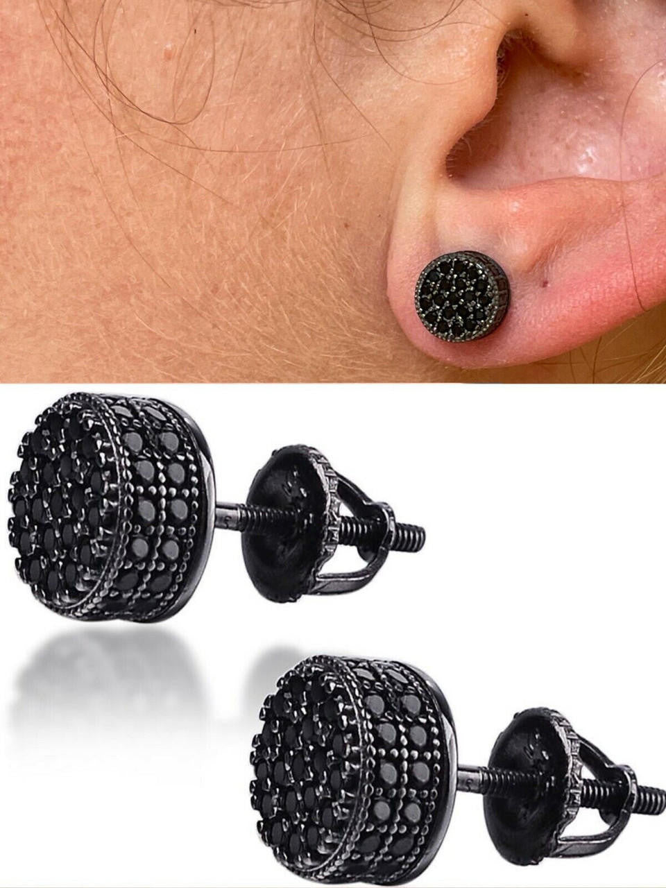 HarlemBling Black Moissanite 925 Silver Hip Hop Earrings Small Round Studs Pass Diamond Test
