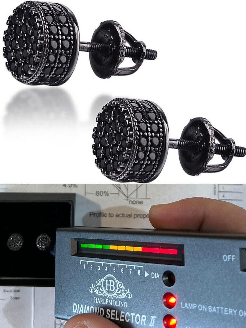 HarlemBling Black Moissanite 925 Silver Hip Hop Earrings Small Round Studs Pass Diamond Test