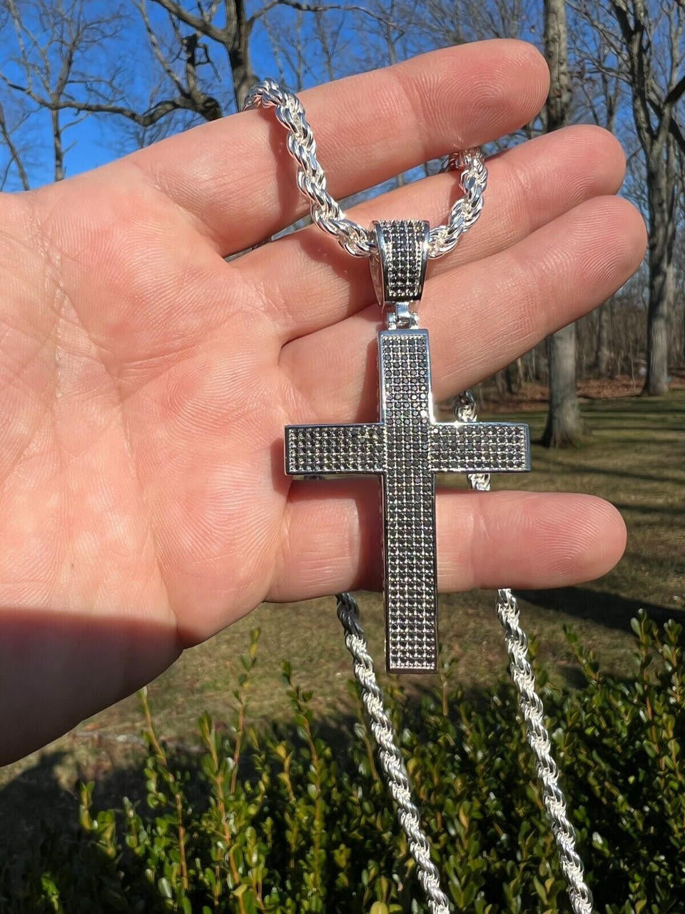 HarlemBling Black MOISSANITE 925 Silver Large Iced Cross Pendant 2.5CT Pass Diamond Tester