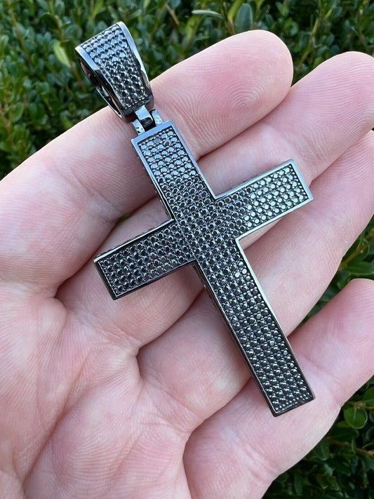 HarlemBling Black MOISSANITE Black Rhodium Over 925 Silver Large Iced Cross Pendant 2.5CT