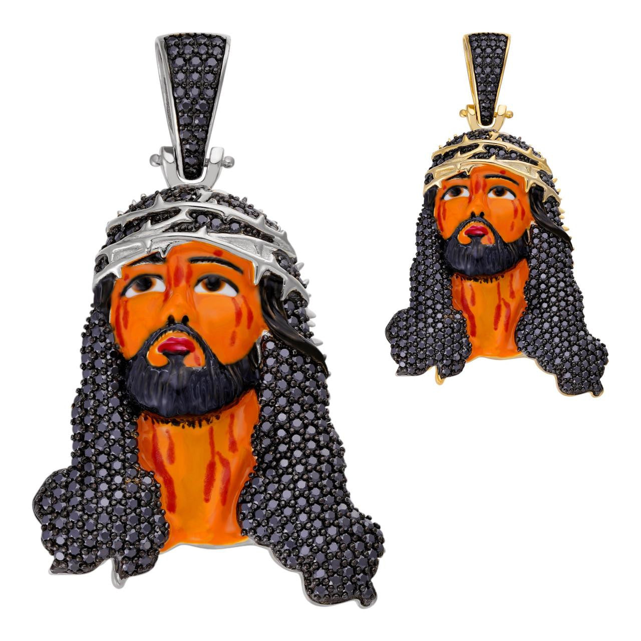 HarlemBling Black MOISSANITE Enamel Jesus Pendant - 14k Gold Vermeil Or 925 Silver - Large 2.5"