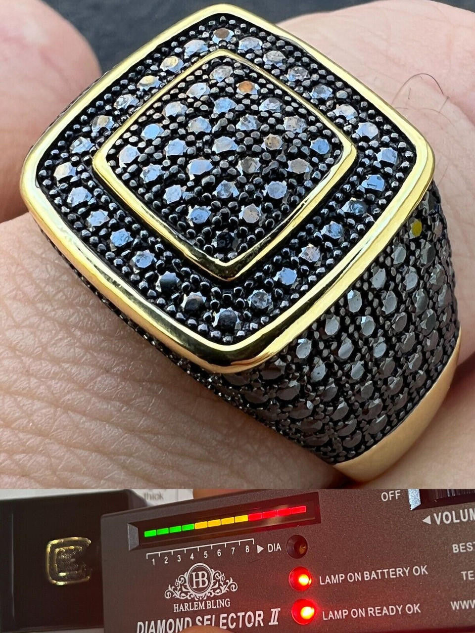 HarlemBling Black MOISSANITE Mens Real 14k Gold Vermeil 925 Silver Ring Pass Diamond Tester