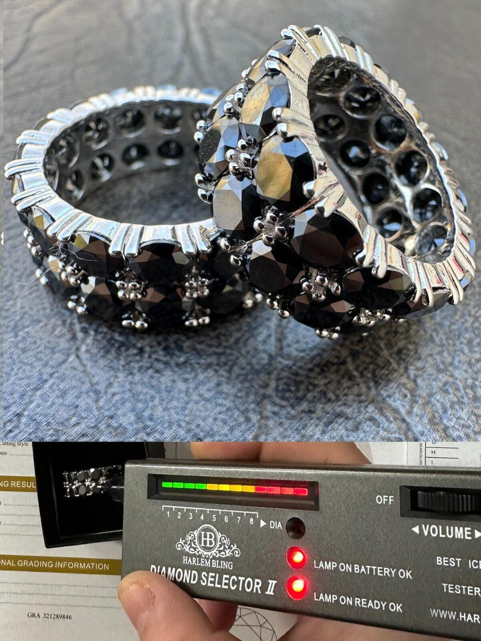 HarlemBling Black Moissanite Ring Real 925 Silver Hip Hop Iced Tennis Band 10mm Pass Tester