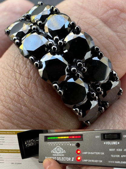 HarlemBling Black Moissanite Ring Real 925 Silver Oxidized Rhodium Hip Hop Iced Tennis Band