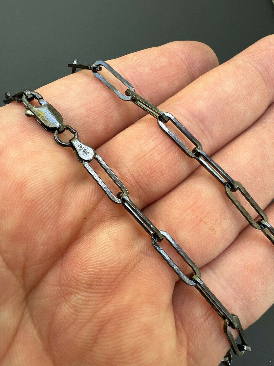 HarlemBling Black Rhodium Oxidized Real 925 Silver Paperclip Rolo Chain 4mm Necklace 14-24