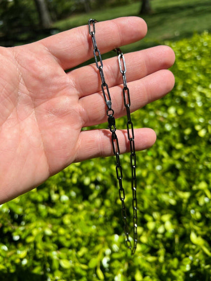 HarlemBling Black Rhodium Oxidized Real 925 Silver Paperclip Rolo Chain 4mm Necklace 14-24