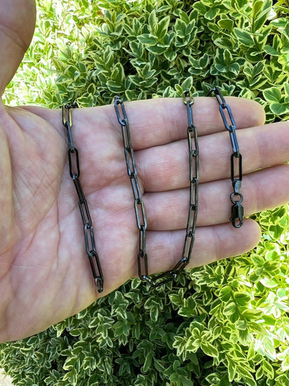 HarlemBling Black Rhodium Oxidized Real 925 Silver Paperclip Rolo Chain 4mm Necklace 14-24