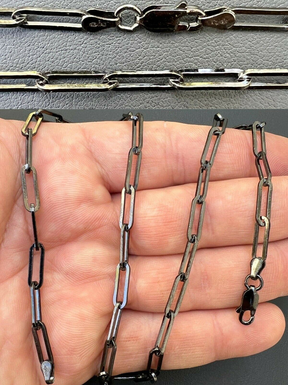 HarlemBling Black Rhodium Oxidized Real 925 Silver Paperclip Rolo Chain 4mm Necklace 14-24