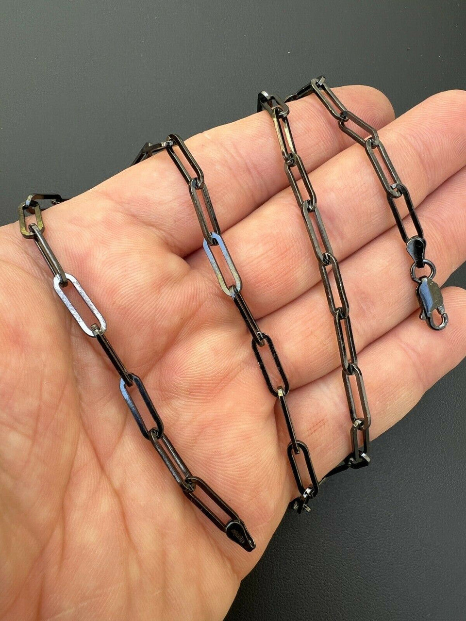 HarlemBling Black Rhodium Oxidized Real 925 Silver Paperclip Rolo Chain 4mm Necklace 14-24