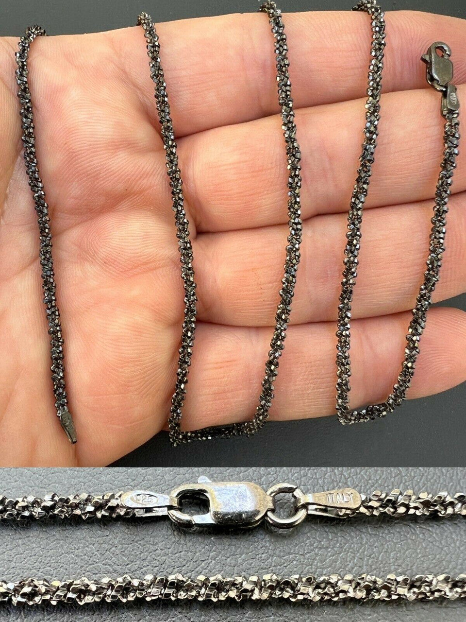 HarlemBling Black Rhodium Real 925 Silver Twisted Rock Sparkle Rope Chain Necklace 14-24