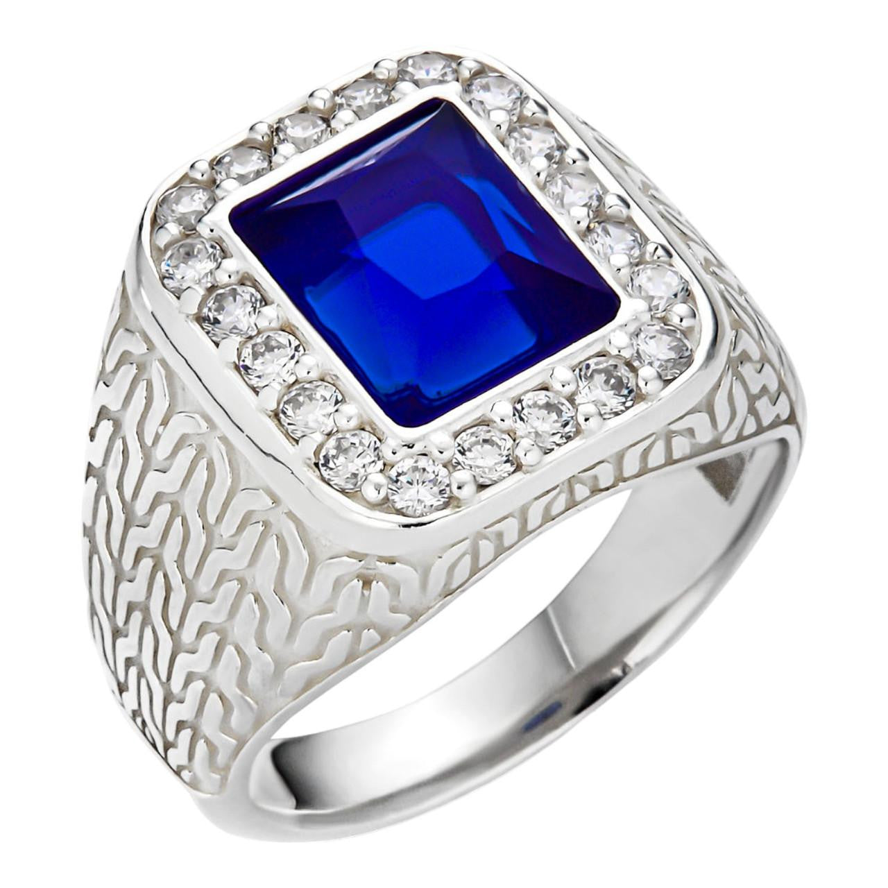 Men's Real 925 Sterling Silver Iced Simulated Blue Sapphire & CZ