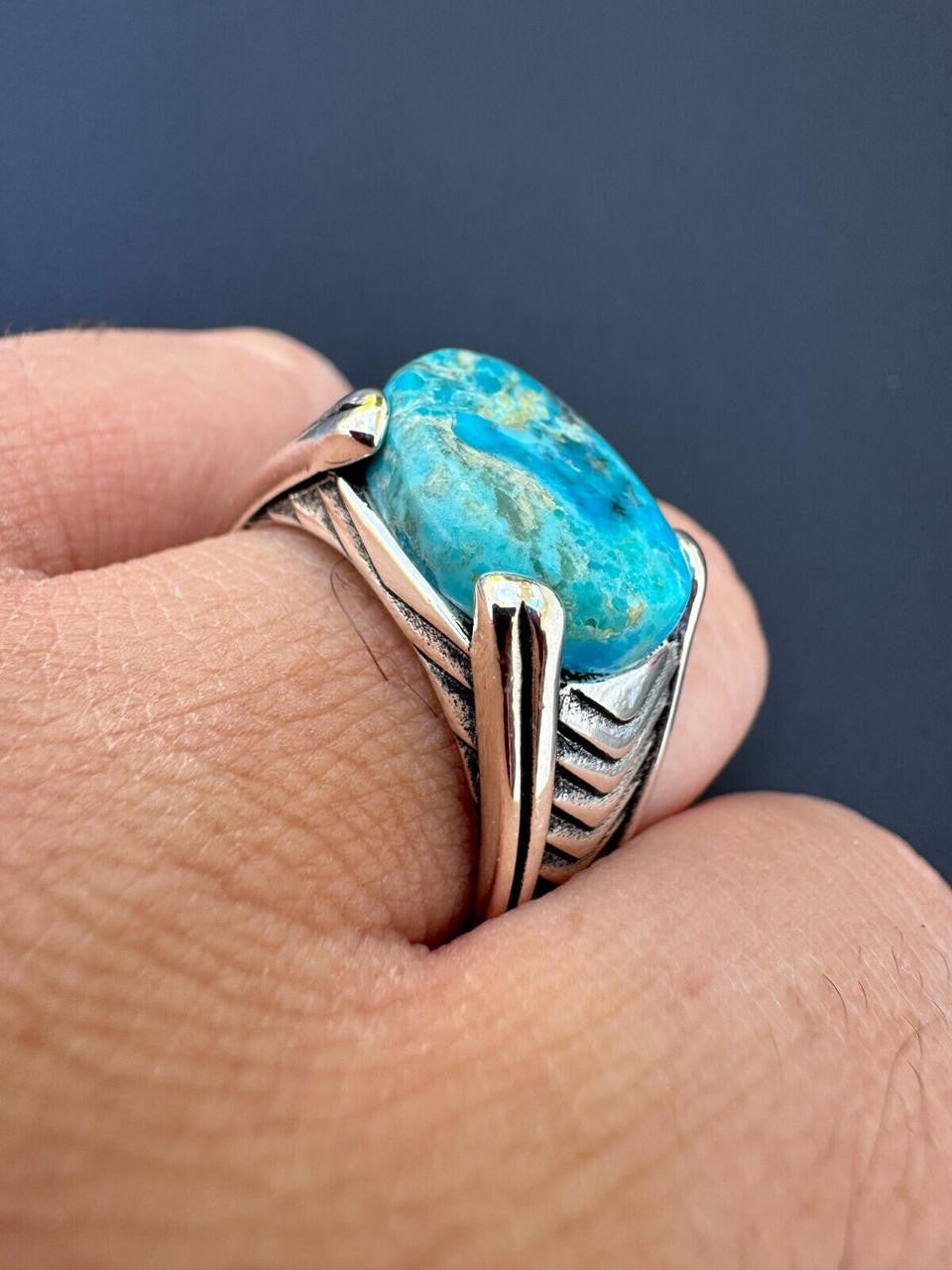 HarlemBling Blue Genuine Turquoise Mens Real Solid 925 Sterling Silver Signet Oval Ring