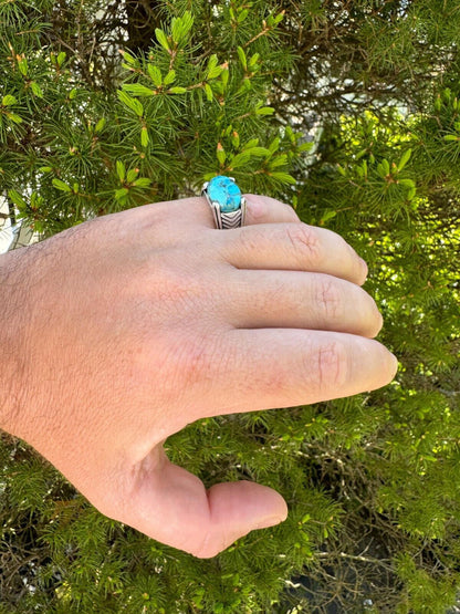 HarlemBling Blue Genuine Turquoise Mens Real Solid 925 Sterling Silver Signet Oval Ring