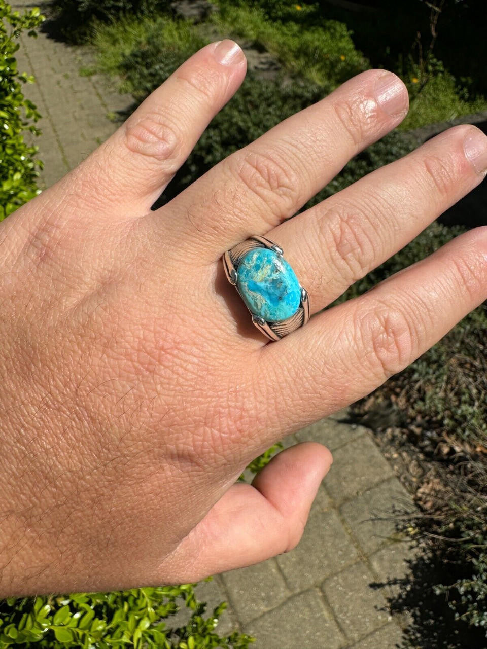 HarlemBling Blue Genuine Turquoise Mens Real Solid 925 Sterling Silver Signet Oval Ring