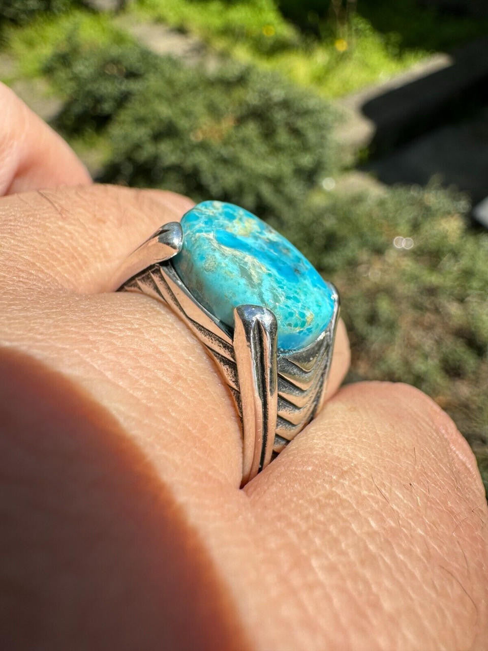 HarlemBling Blue Genuine Turquoise Mens Real Solid 925 Sterling Silver Signet Oval Ring
