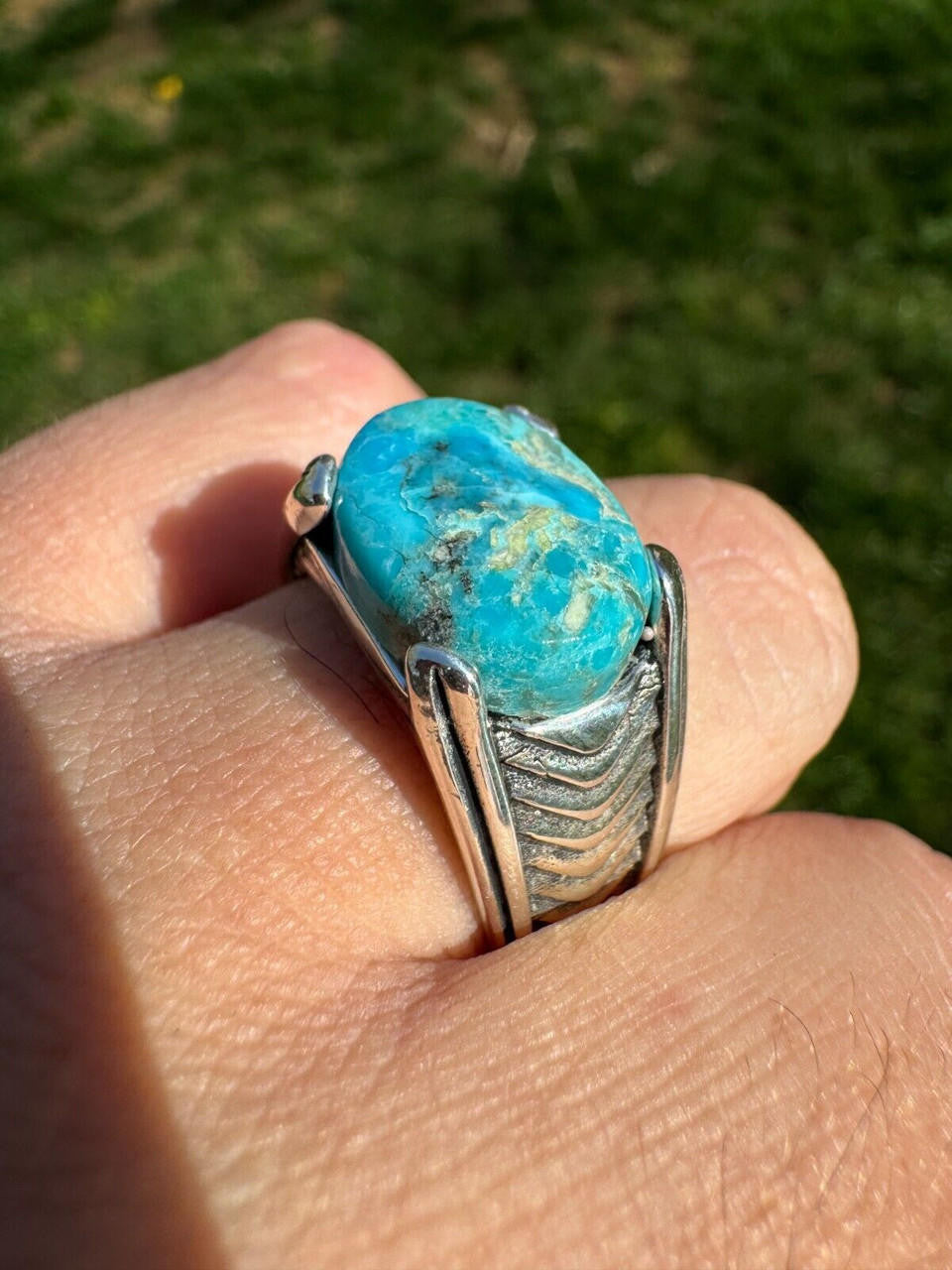 HarlemBling Blue Genuine Turquoise Mens Real Solid 925 Sterling Silver Signet Oval Ring