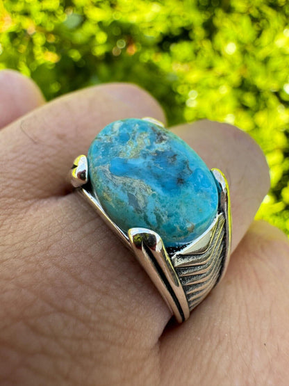 HarlemBling Blue Genuine Turquoise Mens Real Solid 925 Sterling Silver Signet Oval Ring