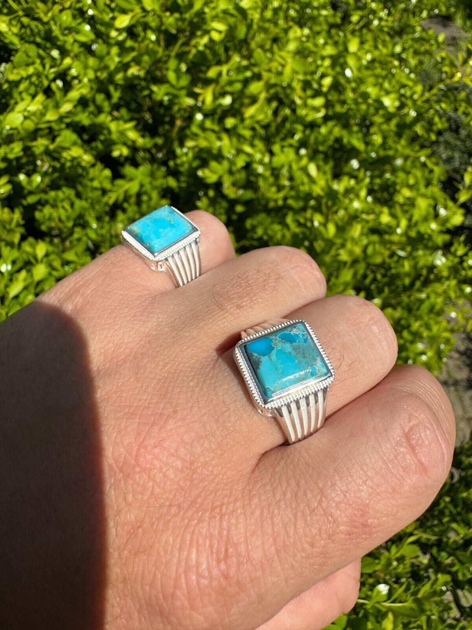 HarlemBling Blue Genuine Turquoise Stone Mens Real 925 Silver Ring Size 6 7 8 9 10 11 12 13