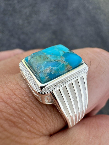 HarlemBling Blue Genuine Turquoise Stone Mens Real 925 Silver Ring Size 6 7 8 9 10 11 12 13