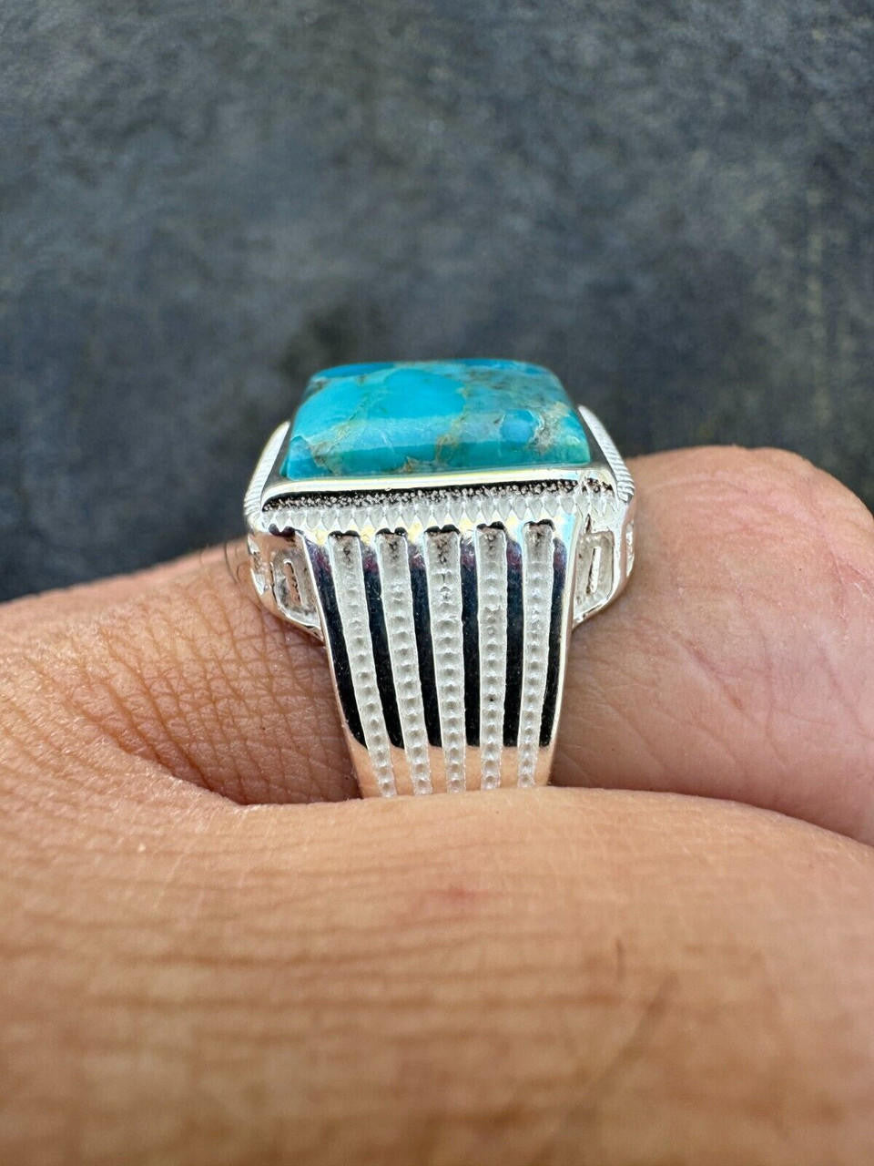 HarlemBling Blue Genuine Turquoise Stone Mens Real 925 Silver Ring Size 6 7 8 9 10 11 12 13