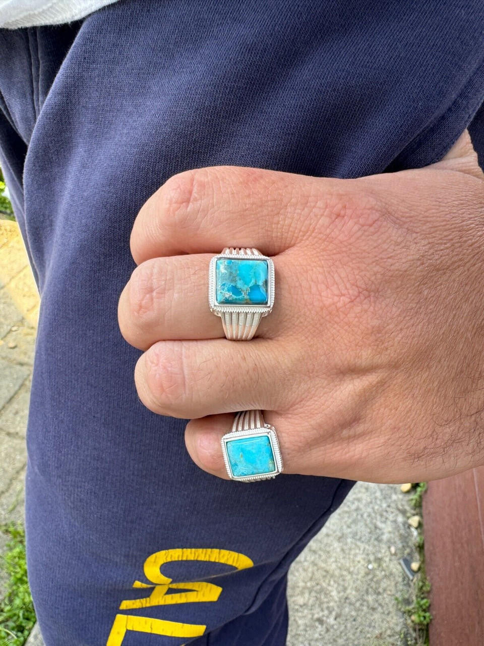 HarlemBling Blue Genuine Turquoise Stone Mens Real 925 Silver Ring Size 6 7 8 9 10 11 12 13