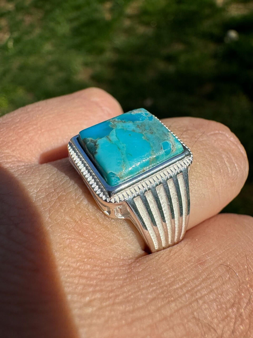 HarlemBling Blue Genuine Turquoise Stone Mens Real 925 Silver Ring Size 6 7 8 9 10 11 12 13