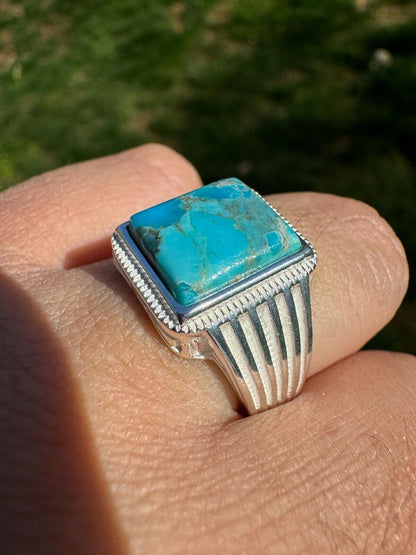 HarlemBling Blue Genuine Turquoise Stone Mens Real 925 Silver Ring Size 6 7 8 9 10 11 12 13