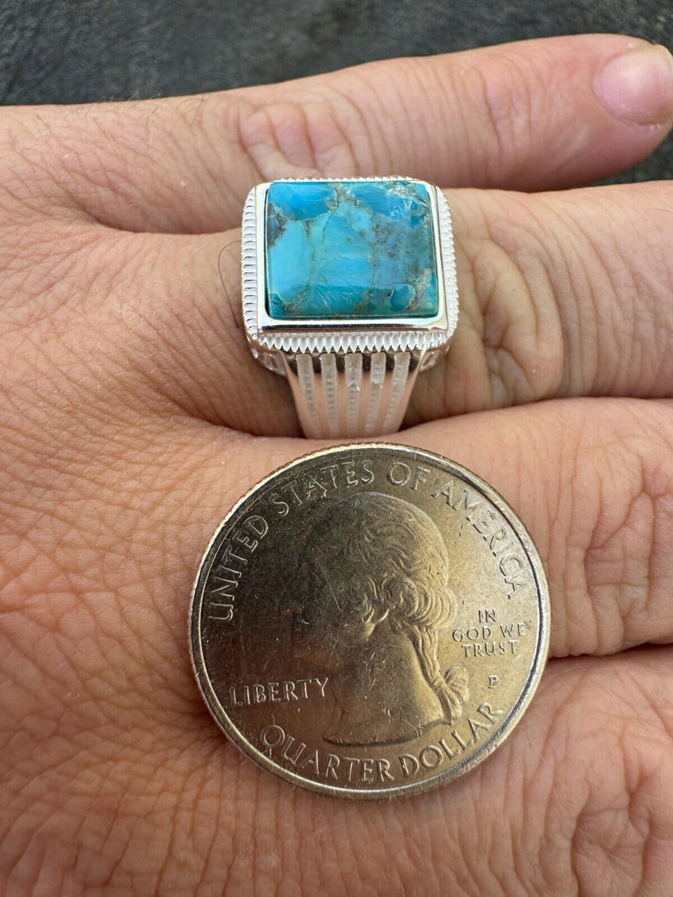 HarlemBling Blue Genuine Turquoise Stone Mens Real 925 Silver Ring Size 6 7 8 9 10 11 12 13