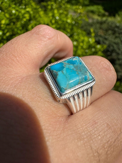 HarlemBling Blue Genuine Turquoise Stone Mens Real 925 Silver Ring Size 6 7 8 9 10 11 12 13
