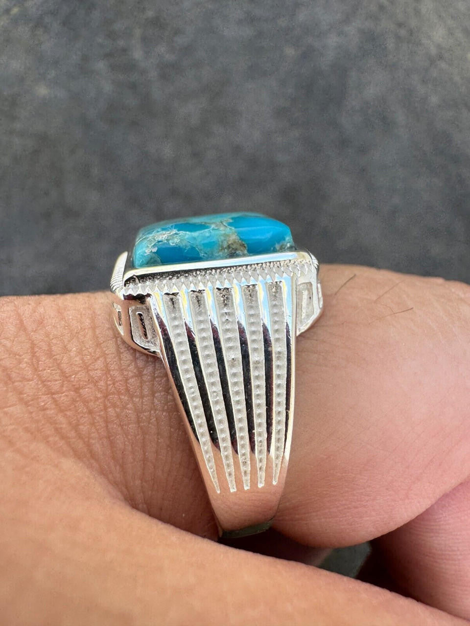HarlemBling Blue Genuine Turquoise Stone Mens Real 925 Silver Ring Size 6 7 8 9 10 11 12 13