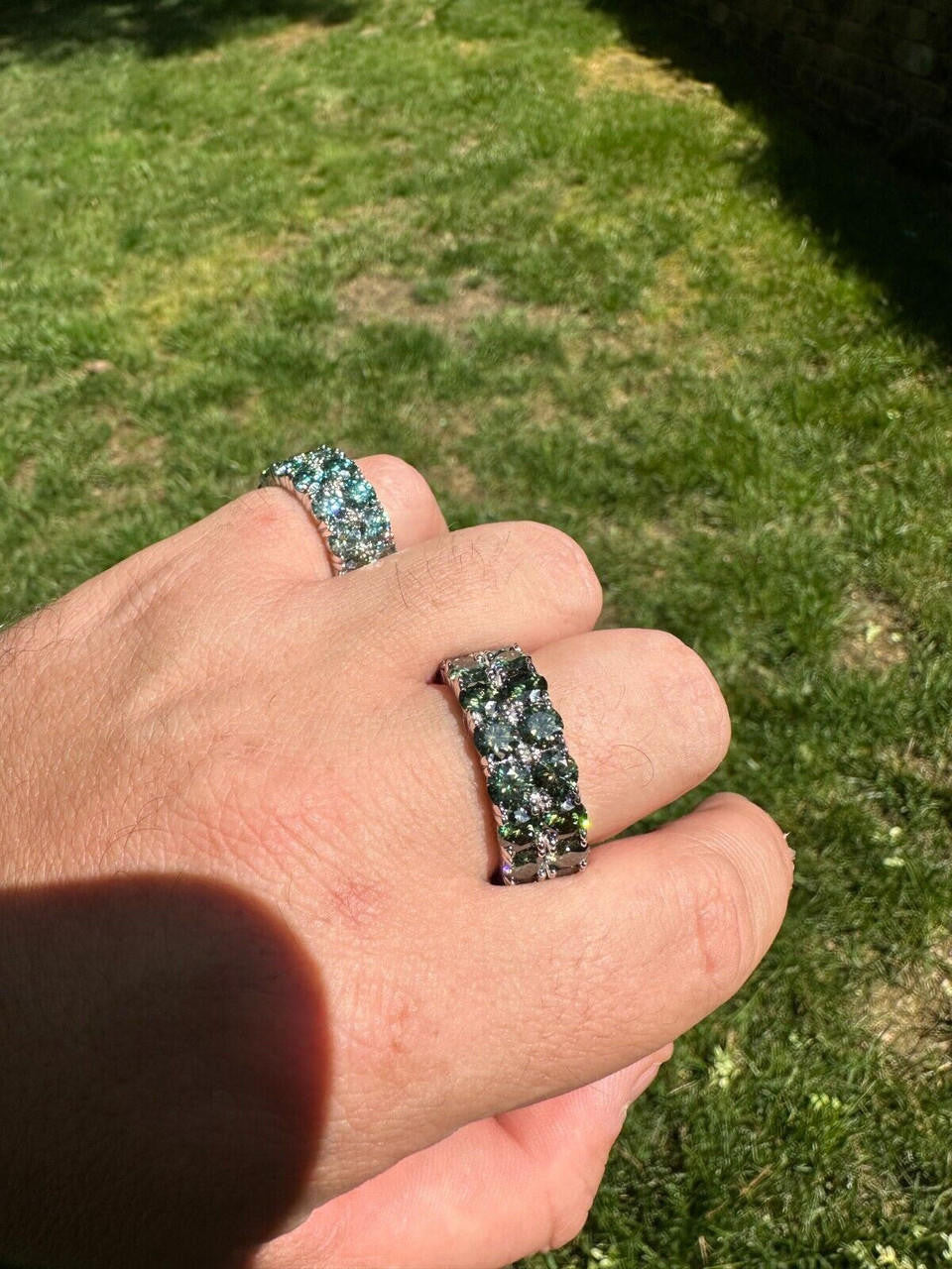 HarlemBling Blue Green Moissanite Ring Real 925 Silver Hip Hop Iced Tennis Band 10mm Big