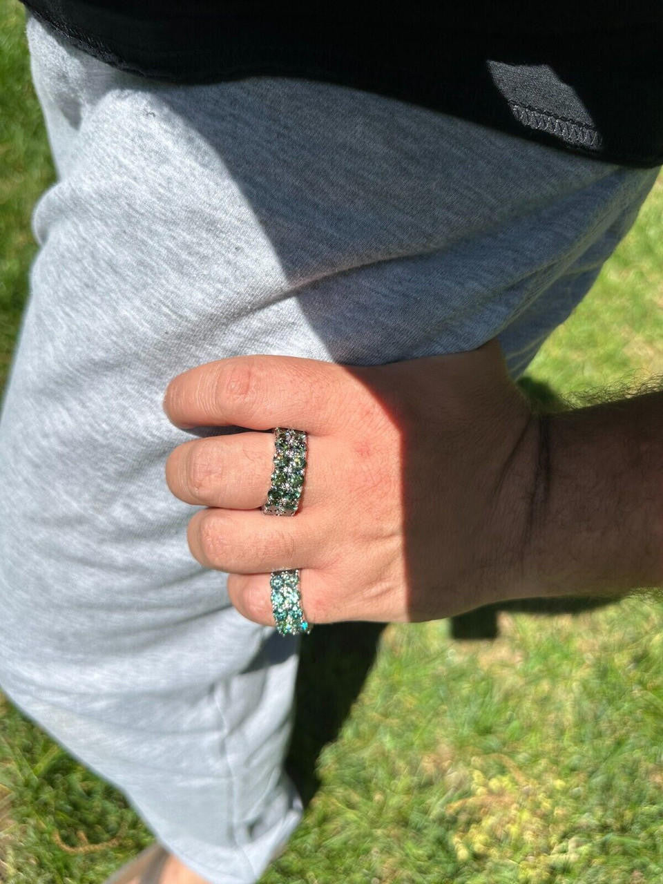 HarlemBling Blue Green Moissanite Ring Real 925 Silver Hip Hop Iced Tennis Band 10mm Big