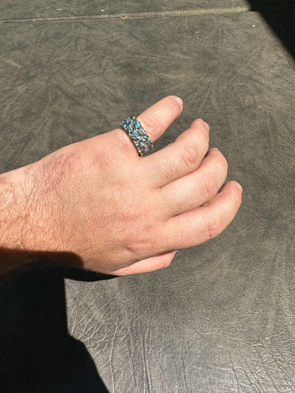 HarlemBling Blue Green Moissanite Ring Real 925 Silver Hip Hop Iced Tennis Band 10mm Big