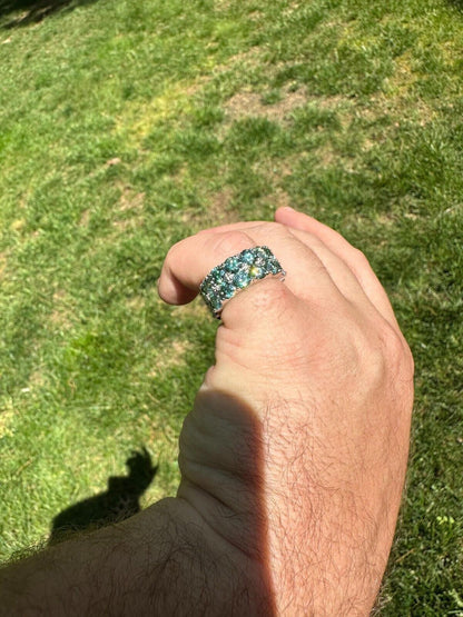 HarlemBling Blue Green Moissanite Ring Real 925 Silver Hip Hop Iced Tennis Band 10mm Big