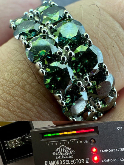 HarlemBling Blue Green Moissanite Ring Real 925 Silver Hip Hop Iced Tennis Band 10mm Big
