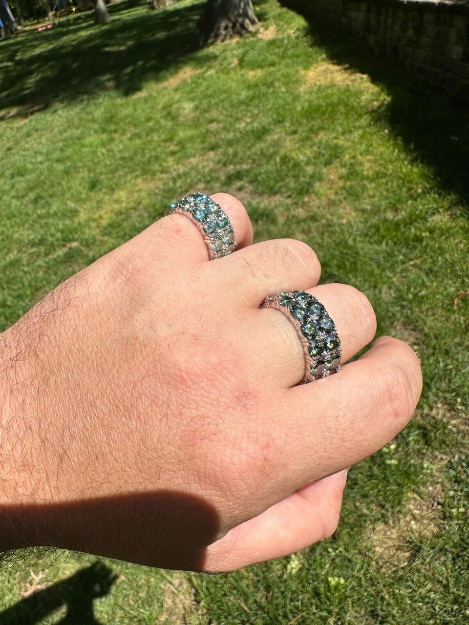 HarlemBling Blue Green Moissanite Ring Real 925 Silver Hip Hop Iced Tennis Band 10mm Big