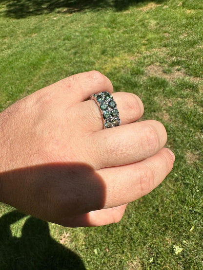 HarlemBling Blue Green Moissanite Ring Real 925 Silver Hip Hop Iced Tennis Band 10mm Big