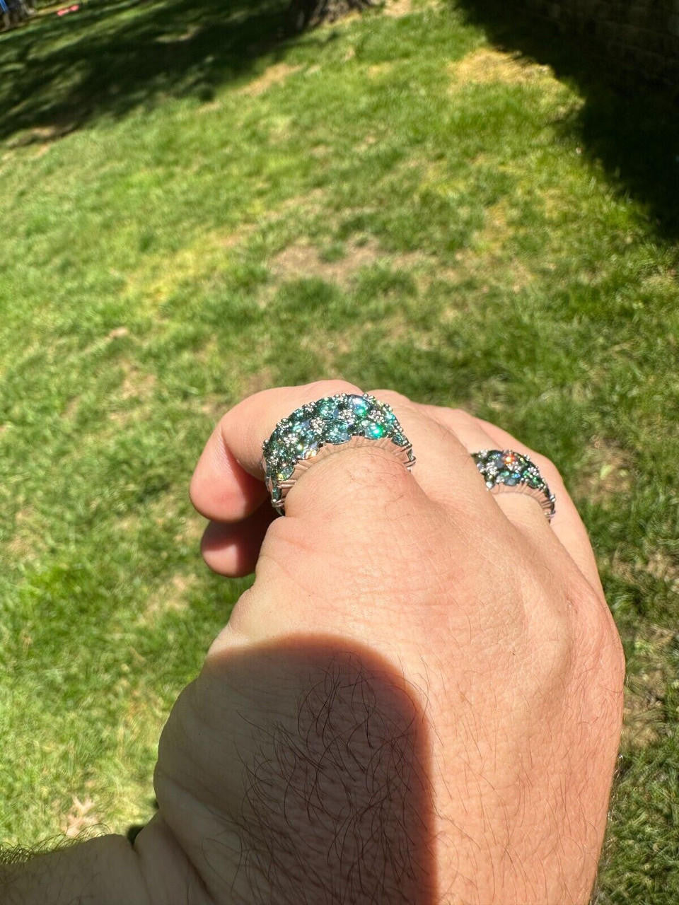 HarlemBling Blue Green Moissanite Ring Real 925 Silver Hip Hop Iced Tennis Band 10mm Big