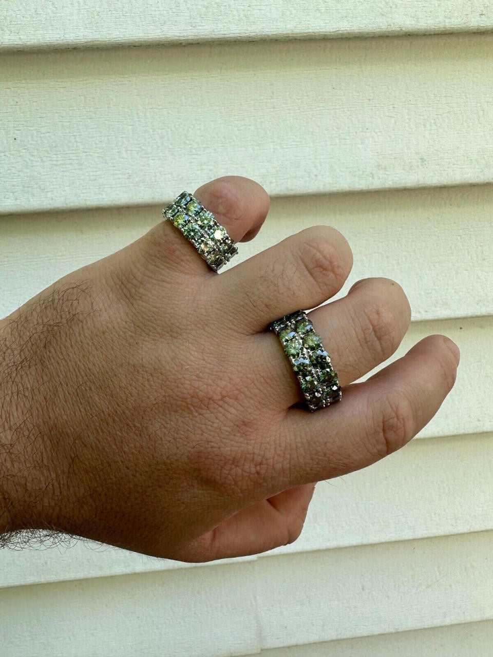 HarlemBling Blue Green Moissanite Ring Real 925 Silver Hip Hop Iced Tennis Band 10mm Big