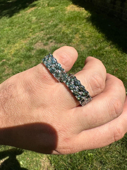 HarlemBling Blue Green Moissanite Ring Real 925 Silver Hip Hop Iced Tennis Band 10mm Big