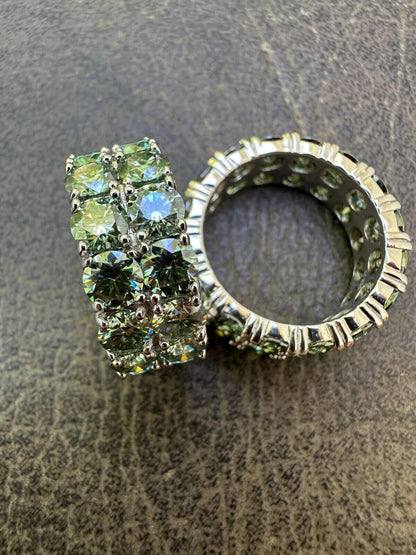 HarlemBling Blue Green Moissanite Ring Real 925 Silver Hip Hop Iced Tennis Band 10mm Big