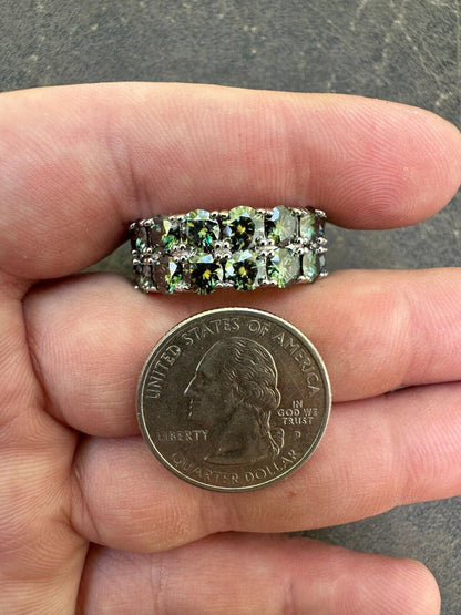 HarlemBling Blue Green Moissanite Ring Real 925 Silver Hip Hop Iced Tennis Band 10mm Big