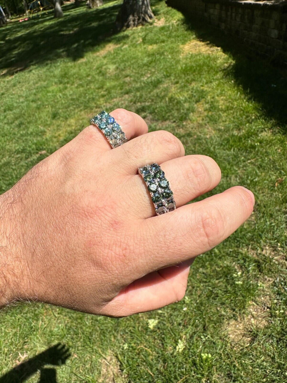 HarlemBling Blue Green Moissanite Ring Real 925 Silver Hip Hop Iced Tennis Band 10mm Big