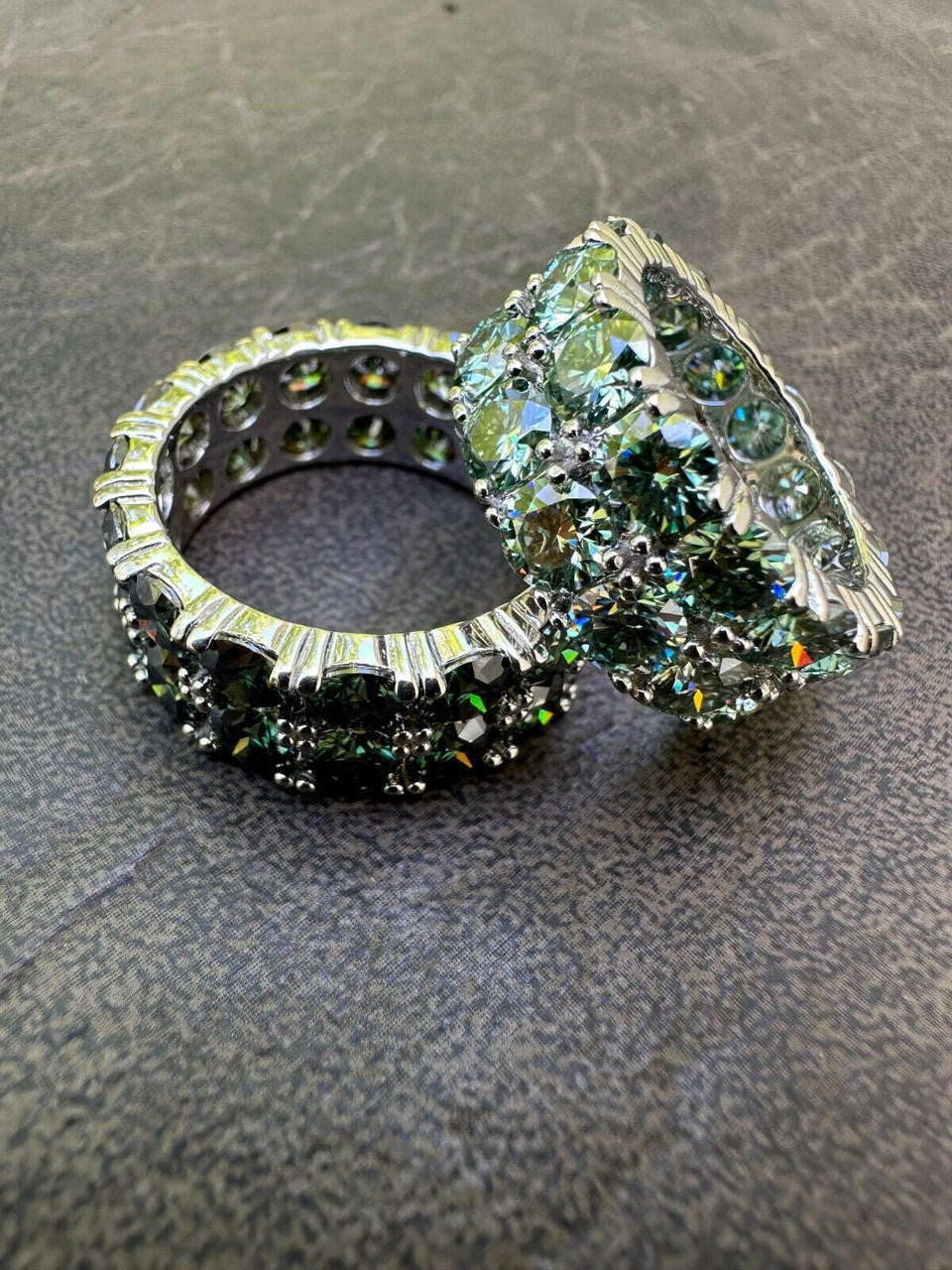 HarlemBling Blue Green Moissanite Ring Real 925 Silver Hip Hop Iced Tennis Band 10mm Big