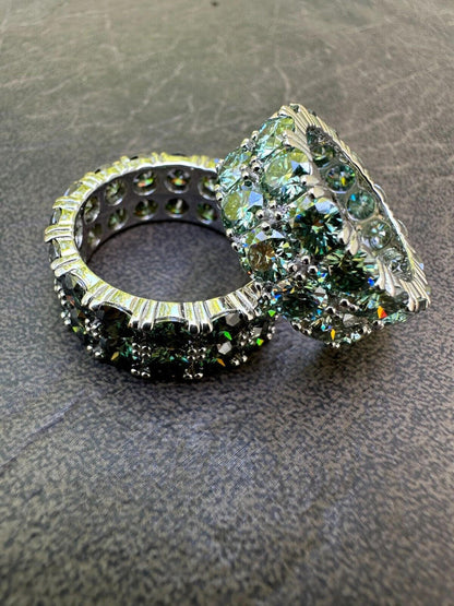 HarlemBling Blue Green Moissanite Ring Real 925 Silver Hip Hop Iced Tennis Band 10mm Big