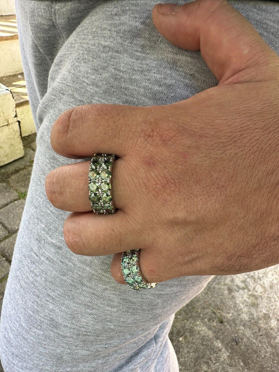 HarlemBling Blue Green Moissanite Ring Real 925 Silver Hip Hop Iced Tennis Band 10mm Big