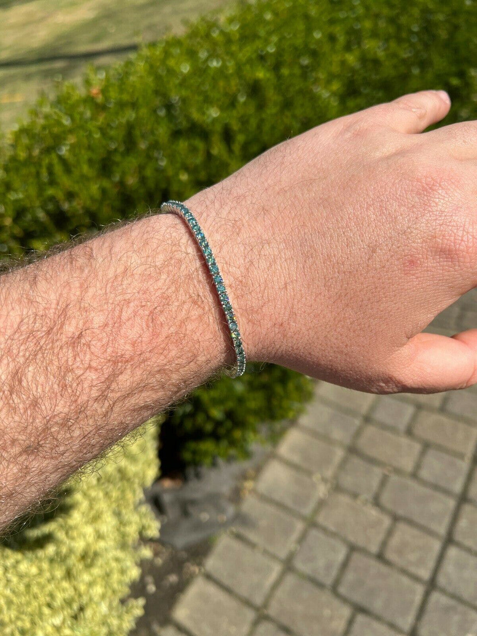 HarlemBling Blue Green MOISSANITE Tennis Bracelet 925 Sterling Silver Pass Diamond Test 3mm