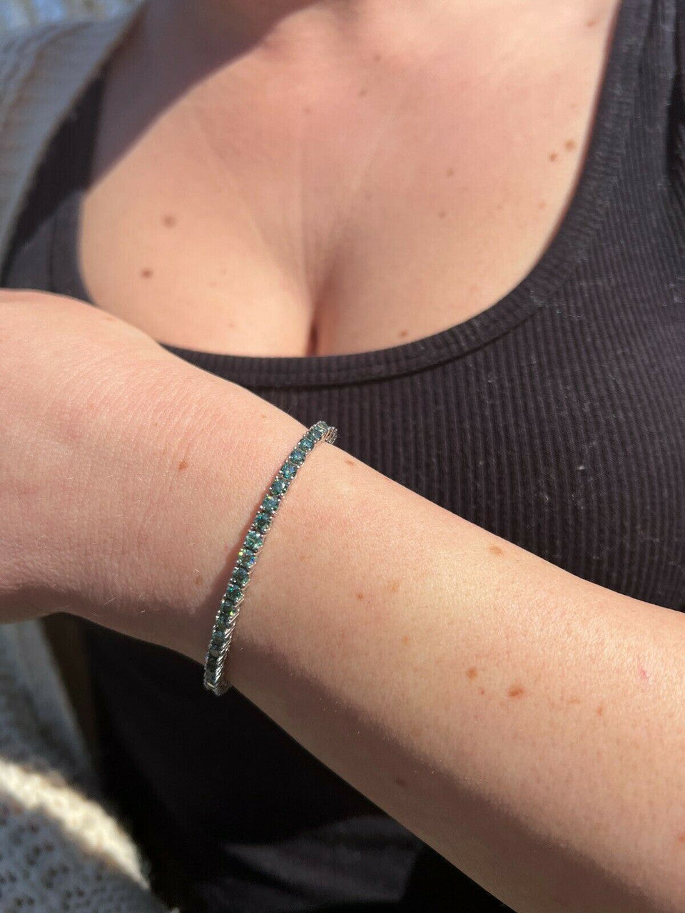 HarlemBling Blue Green MOISSANITE Tennis Bracelet 925 Sterling Silver Pass Diamond Test 3mm