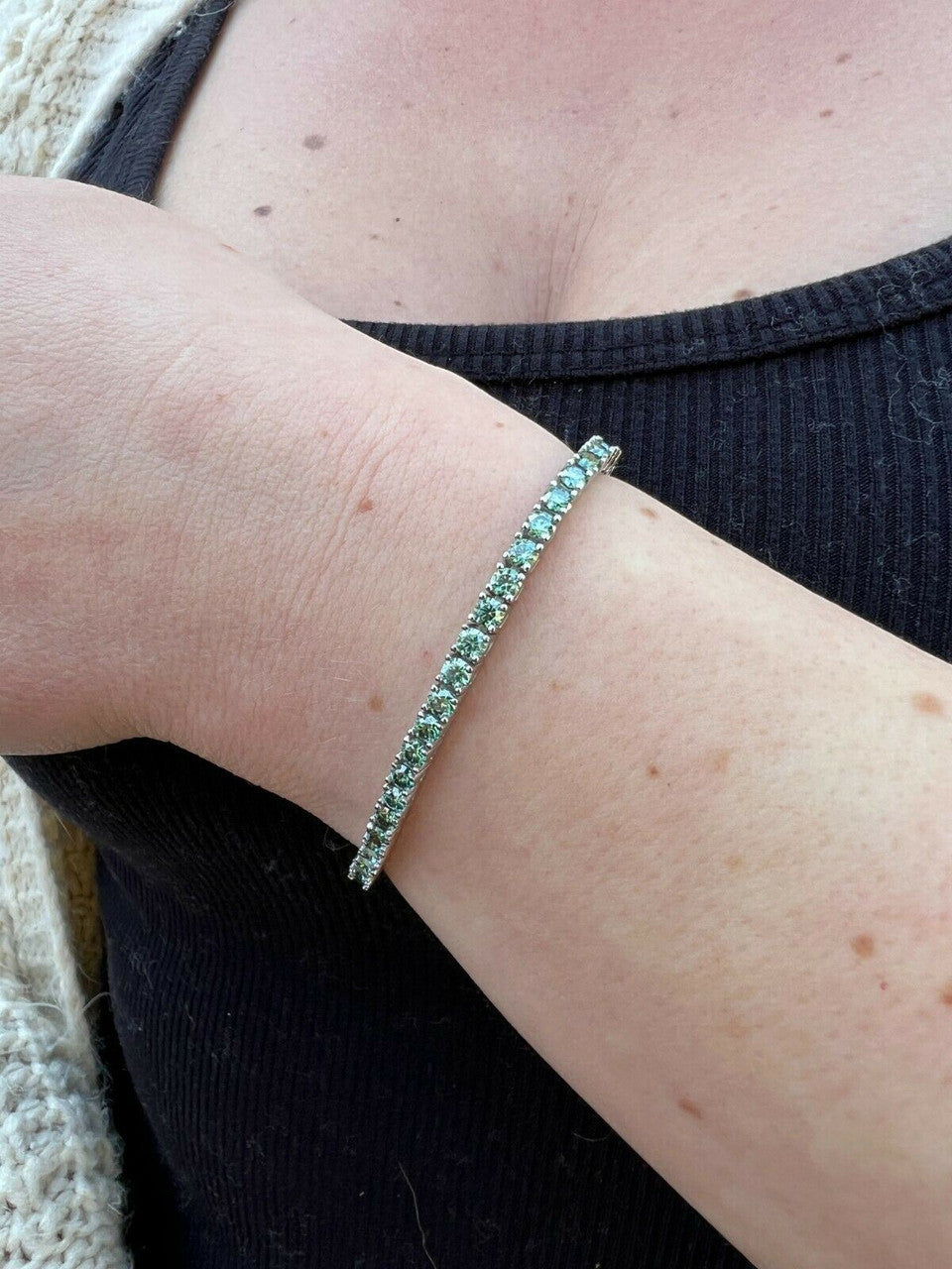 HarlemBling Blue Green MOISSANITE Tennis Bracelet 925 Sterling Silver Pass Diamond Test 3mm