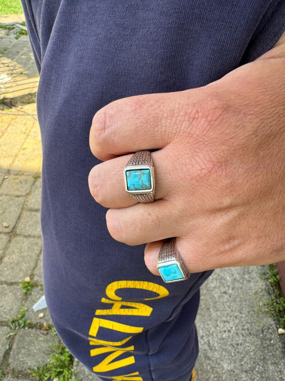 HarlemBling Blue Turquoise Mens Real Solid 925 Silver Navajo Native American Inspired Ring